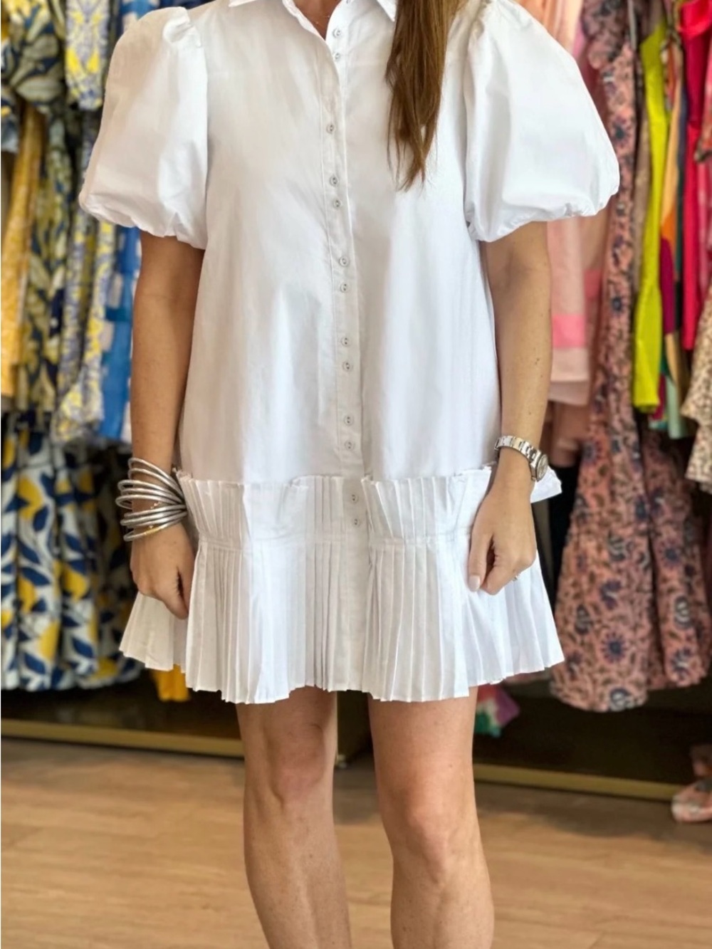 White Cotton White Mini Dress with Pleated Hem - S